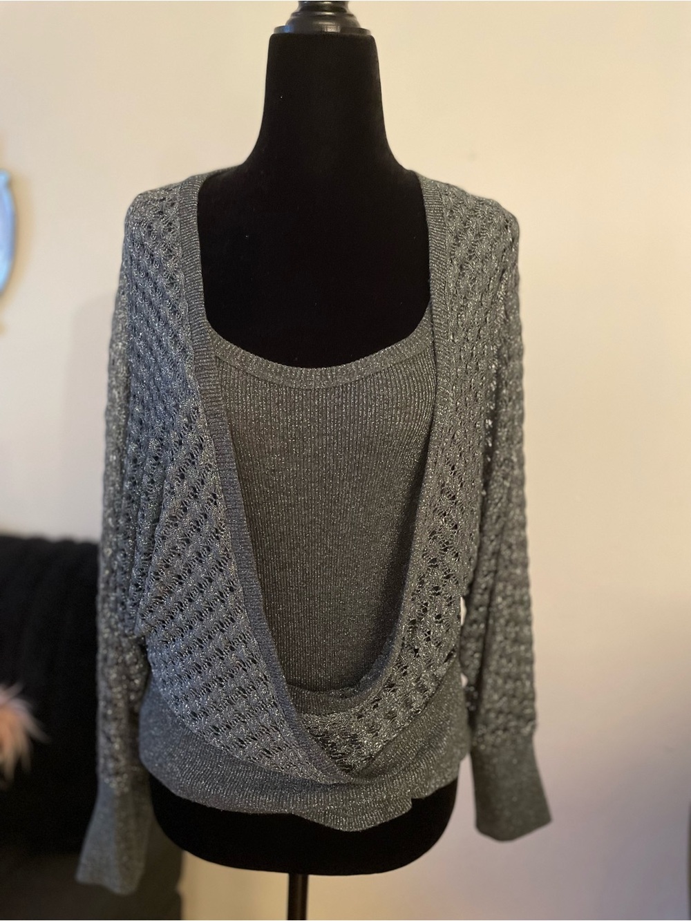 Openwork Knit Gray Cardigan with Coordinating Tank